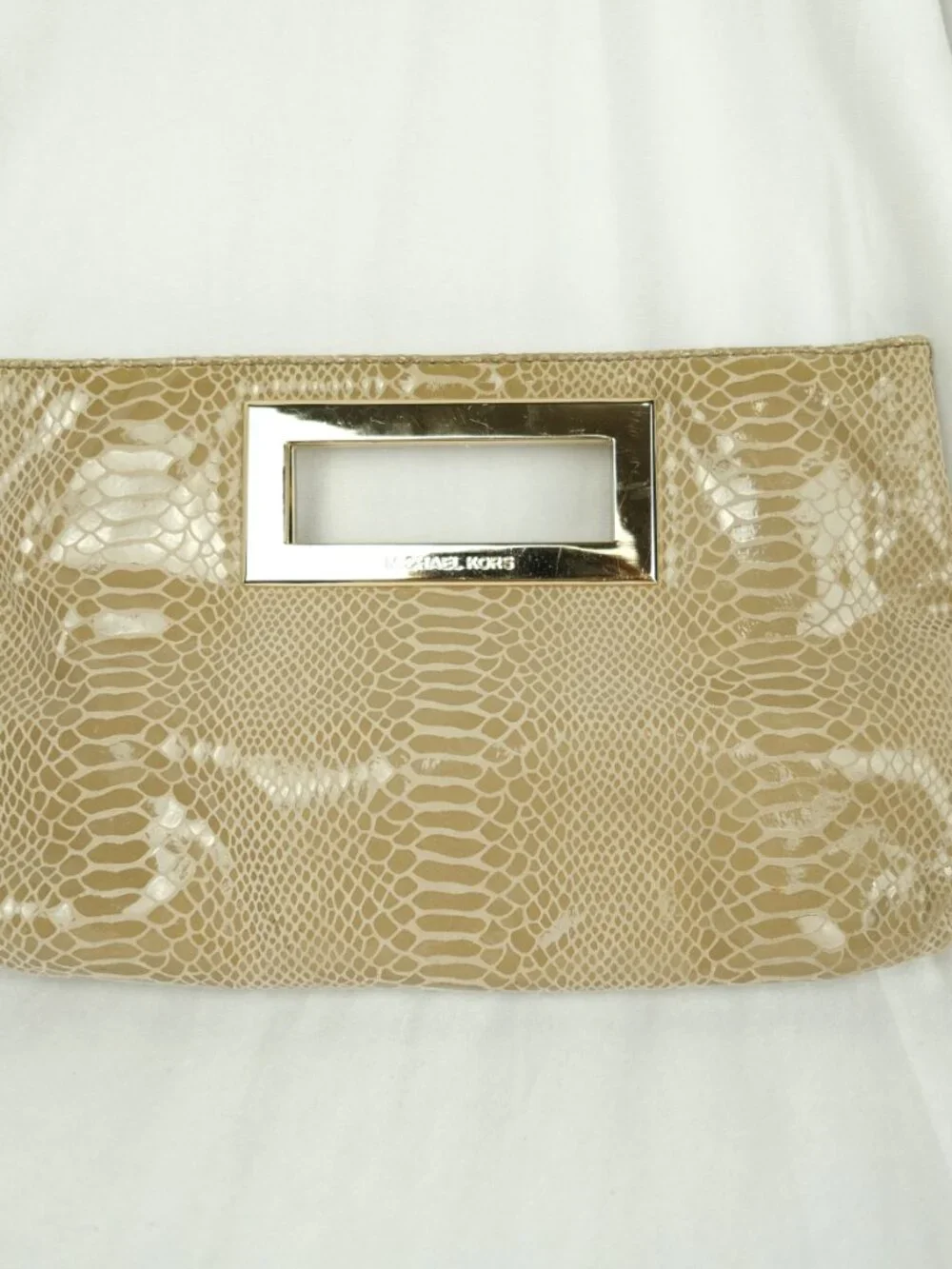 Michael Kors Snakeskin Clutch Gold Metal Handles Soft Beige Purse